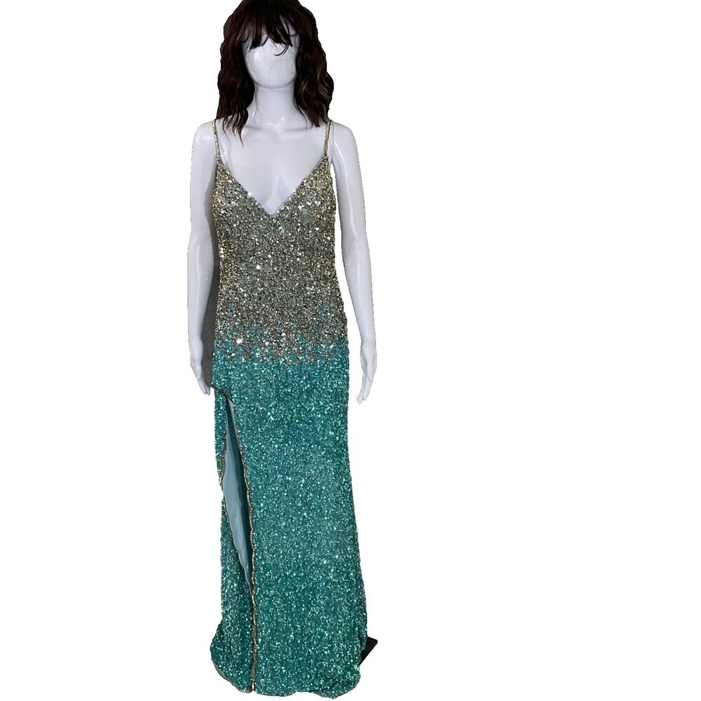 NWT Rachel Allan gown #70355 Women's size 10 Prom Pageant High slit New sequins
